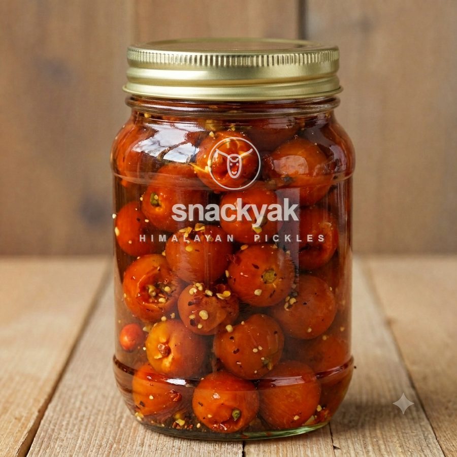 Jar of dalle khursani chilli pickle in mustard oil